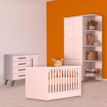 Imagem de Berço Mini Cama, Cômoda Sapateira Retrô e Guarda Roupa Rosa - Qmovi