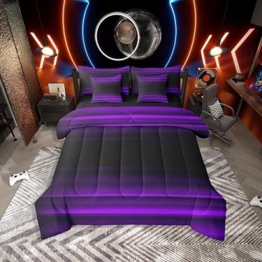 Imagem de Erosebridal Conjunto de edredom completo gradiente com 7 peças, cama ombré em uma bolsa para quarto, arte abstrata, estampa 3D moderna, conjunto de cama brilhante com edredom, lençóis, fronhas, roxo e