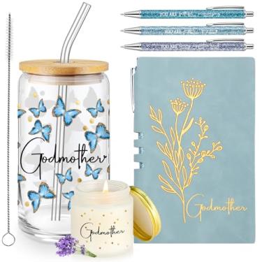 Imagem de Skylety Conjunto de 6 peças para presente de pedido de madrinha borboleta 473 ml copo de vidro perfumado A6 caneta esferográfica Will You Be My Godmother from Godchild presentes para Natal