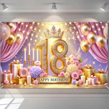 Imagem de HOMETITUTE Decoração de fundo de feliz aniversário de 18 anos para meninas, faixa de fundo de coroa de festa com balões dourados, flores e velas, faixa de aniversário, fundo para fotografia de férias