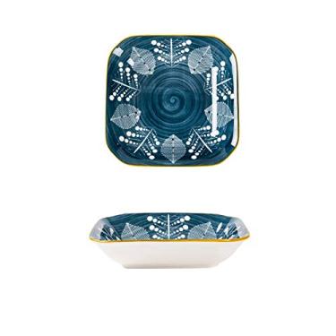 Imagem de Prato de serviço prato quadrado de café da manhã, prato de salada de sobremesa sob vidrado, prato de cerâmica à prova de calor para bife de macarrão, pratos de padrão sortido (cor: 1, tamanho: L)