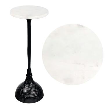 Imagem de JONATHAN Y END4001C Ava mesa de bebidas com pedestal de metal contemporâneo Art Déco de 60 cm e mesa de canto decorativa com tampo redondo de mármore branco e base martelada para sala de estar, quarto