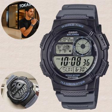 Imagem de Relógio Casio Masculino Digital World Time Verde AE-1000W-8AVDF Resina Esportiva Militar 100m LED Cronômetro