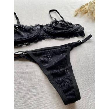 Imagem de Conjunto Calcinha Fio Dental De Renda Gatria Com Sutiã De Renda Sem Bo