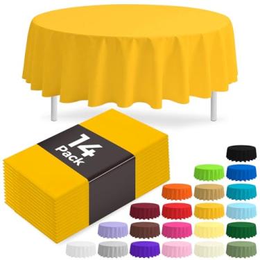 Imagem de JSQBSECL Pacote com 14 toalhas de mesa de plástico amarelo, 213 cm, descartáveis, de plástico, para festas (amarelo, redondo de 213 cm)