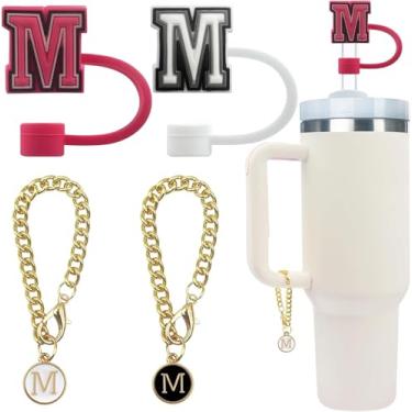 Imagem de 4 peças de acessório de garrafa de água com letras fofas compatíveis com copos Stanley, tampa de cobertura de canudo à prova de poeira de silicone, pingente de chaveiro de copo personalizado