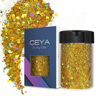 Imagem de Ceya Glitter grosso holográfico, 100 g Lazurite Gold Craft Glitter em pó misto de flocos finos iridescentes para arte de unhas, cabelo, resina epóxi, copos, geleca, pintura, decoração de festivais