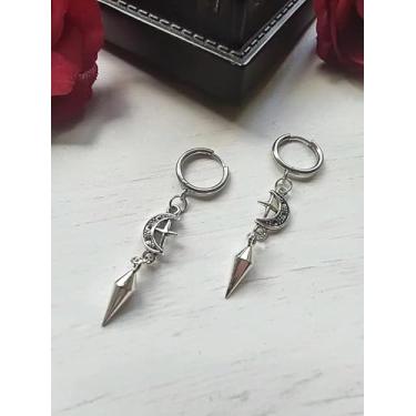 Imagem de Brincos de gota de lua e estrela prateada pentagrama brincos góticos em forma de gota, presente de Natal para mulheres
