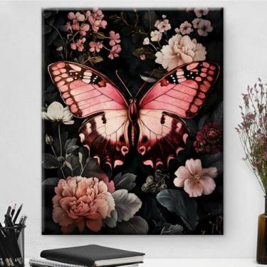 Imagem de Decoração de parede em tela de borboleta floral estética flores borboleta escura Academia impressão pôster quadro emoldurado decoração de parede para casa, sala de estar, quarto, 20 x 25 cm
