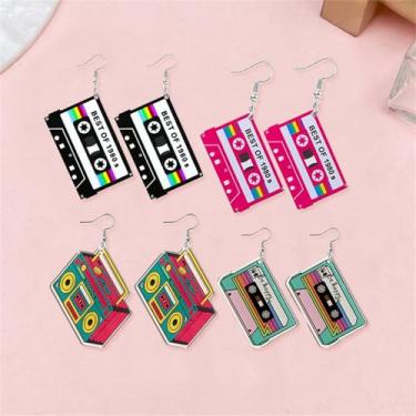 Imagem de 4 pares de brincos de fita cassete vintage para mulheres anos 80 anos 90 retrô geométrico brincos pendentes roupas cosplay festa música festa 70, 80, 90, acessórios