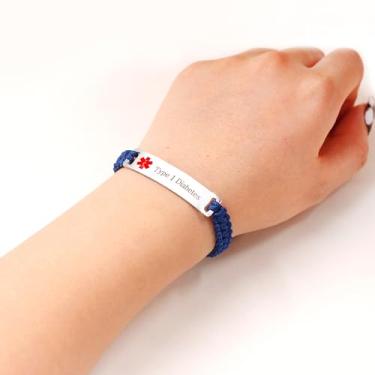 Imagem de Y3944: Pulseira de corda de nylon ajustável tecida à mão com placa de aço inoxidável - Joias de identificação médica para homens e mulheres, Adjustable, Aço inoxidável Metal, Sem Pedra Preciosa