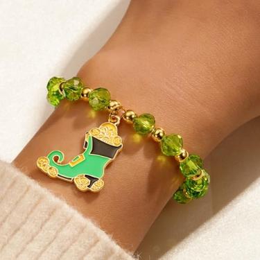Imagem de Pulseiras femininas banhadas a ouro com contas verdes delicadas com pingente de trevo de chapéu verde, hipoalergênico, não mancha, joia moderna ideal para eventos temáticos irlandeses, One Size, Liga
