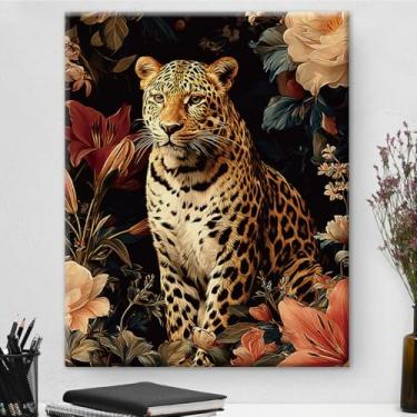 Imagem de Arte de parede botânica vintage de leopardo majestoso emoldurado - Decoração de parede com flores escuras Academia para quarto, sala de estar, casa, 20 x 25 cm