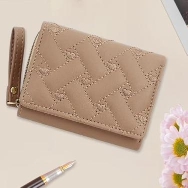 Imagem de Carteira feminina de couro PU pequena, carteira curta dobrável com corda portátil e botão de pressão, Caqui, Moda