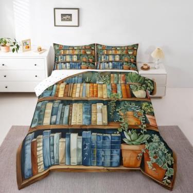 Imagem de Homewish Conjunto de edredom com livros em aquarela, plantas suculentas verdes, para crianças, adolescentes e adultos, desenho animado gradiente, biblioteca, livros, edredom acolchoado com 2 fronhas