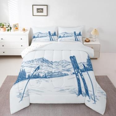 Imagem de Castle Fairy Jogo de cama casal para esportes de esqui, natureza, neve, montanha, esboço, reversível, de poliéster, respirável, com enchimento de edredom, cenário de inverno, 2 fronhas
