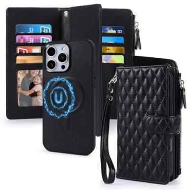 Imagem de Harryshell Capa carteira magnética 2 em 1 para iPhone 16E compatível com suporte de cartão com bloqueio de RFID Magsafe, capa de telefone removível com zíper e alça de pulso para homens e mulheres 16e