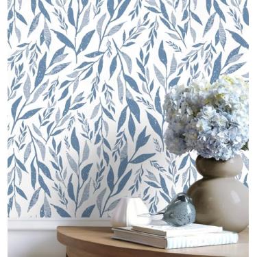 Imagem de Safiyya Papel de parede Peel and Stick Boho Modern Blue Leaf 500.4 cm x 43.9 cm Papel de parede de contato papel de parede autoadesivo removível para quarto banheiro rolo de vinil