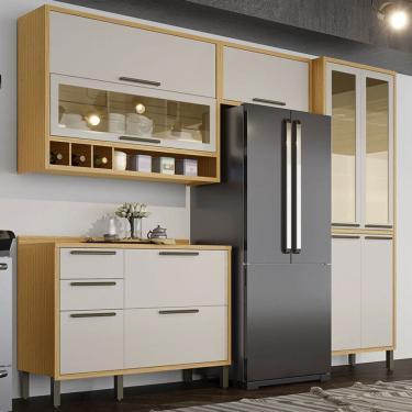 Imagem de Armário de Cozinha Modulada com Balcão e Tampo 9 Portas 3 Gavetas ágata 100% Mdf Vidro Reflecta Amêndoa/Off White - Pnr Móveis