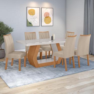 Imagem de Conjunto Sala De Jantar Mesa Easy Tower 170x90cm Mdf/vidro Com 6 Cadeiras Confort Linho Bege Amendoa/off White