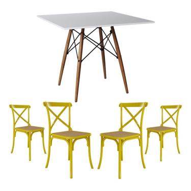 Imagem de Conjunto De Mesa Eiffel Quadrado Tampo De Madeira 90Cm Branco Com 4 Cadeiras Katrina Amarelao