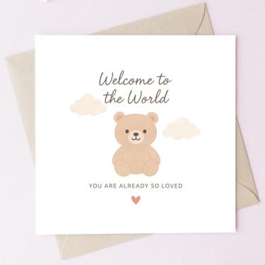 Imagem de TEEMI - Cartão de bebê Welcome to the World – Novo cartão de parabéns para bebês com design de ursinho de pelúcia – chá de bebê, anúncio de nascimento, presente para recém-nascido, 14 x 14 cm com
