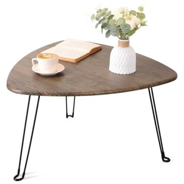 Imagem de Mesa de centro dobrável para sala de estar, pequenas mesas dobráveis de madeira com pernas de aço, marrom claro, triângulo, mesa de centro moderna de meados do século, mesa baixa para pequenos