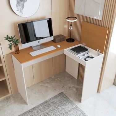 Imagem de Mesa em L 91x75cm para Home Office Gamer com Tampa Dobrável, Escrivaninha de Escritório com Compartimento Organizador, Bancada para Computador e Setup (Off White-Nature)