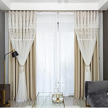 Imagem de Cortina blackout bege, com painel de tule branco transparente, prega lápis de camada dupla, renda de voile macio, painéis sólidos, cortinas forradas com isolamento térmico, para sala de estar, quarto