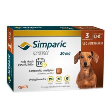 Imagem de Antipulgas e Carrapatos Simparic 20 mg para Cães de 5,1 a 10 kg com 3 