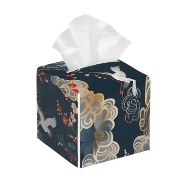 Imagem de Suporte quadrado de couro para caixa de lenços de papel, impermeável, étnico, guindaste, flor, japonês, organizador de papel facial com cinto inferior, estojo de lenços para mesa, banheiro, escritório