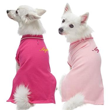 Imagem de Blueberry Pet Pacote de 2 camisetas polo personalizadas personalizadas de volta para cães com nome bordado, vermelho amarelo e rosa, comprimento das costas 40,64 cm, roupas personalizadas para cães