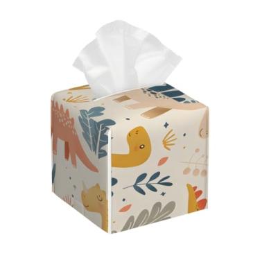 Imagem de Capa quadrada de couro para caixa de lenços à prova d'água, dinossauro, flor, fofo, organizador de papel facial com cinto inferior, estojo de lenços para mesa, banheiro, escritório, mesa, carro