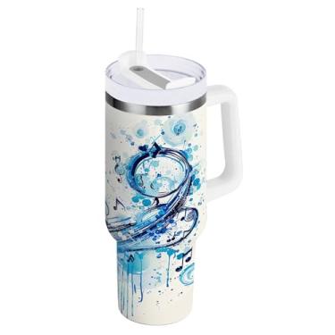 Imagem de xigua Music Notes Copo de 1,134 g com tampa e canudo, aço inoxidável de vácuo duplo isolado garrafa de água esportiva suporte para copo de café de viagem à prova de vazamento para bebida gelada