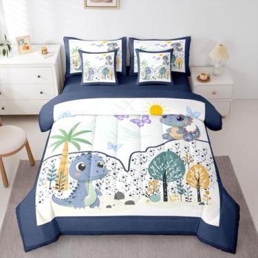 Imagem de Feelyou Jogo de edredom fofo de dinossauro com 7 peças, solteiro, desenho animado, dinossauro, para crianças, meninos, meninas, selva, dinossauro, decoração de quarto, microfibra macia