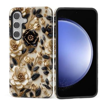Imagem de ZHEGAILIAN Capa para Samsung Galaxy S24 Plus, capa rígida à prova de choque + silicone macio 2 em 1, híbrido, à prova de choque, proteção contra quedas, flor preta e branca