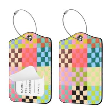 Imagem de Seorsok 2 peças de etiquetas de viagem para malas, lindas grades coloridas quadriculadas de couro PU com capa de privacidade e cartão de identificação e anel de metal durável adequado para homens e