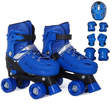 Imagem de Patins Infantil Ajustável com Kit Proteção - Freio Segurança e Botão Push(Quad AZUL + KIT,M 33-36)