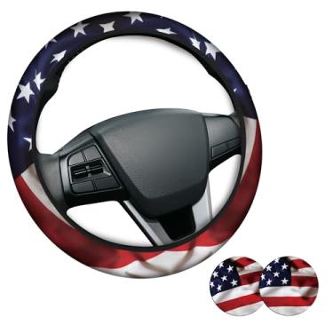 Imagem de Capa de volante com bandeira americana, capa de volante de neoprene antiderrapante, acessórios de carro com bandeira americana para homens, ajuste universal de 38 cm para automóvel, SUVS, inclui 2