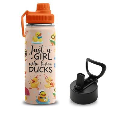 Imagem de Presentes de pato, garrafas de água de aço inoxidável de 510 g com 2 tampas, garrafa de água isolada com canudo, copos de pato para viagens, esportes ao ar livre, presentes de aniversário e Natal para