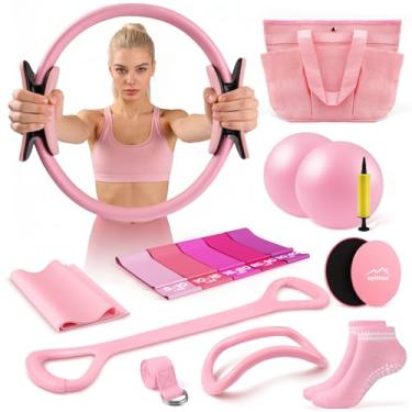 Imagem de Uyittour Kit de Pilates de 16 peças para exercícios domésticos, conjunto de equipamentos essenciais com anel de 30 cm e bola de 23 cm, 5 faixas de resistência - Kit de Pilates para iniciantes para