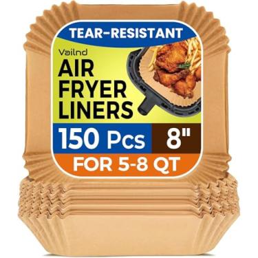 Imagem de Vailnd Forros de fritadeira de ar descartáveis, 150 peças, folhas de papel pergaminho cru de 23 cm, forro de papel de cozimento para fritadeiras a ar, forno a vapor