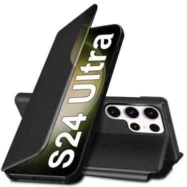 Imagem de Capa S24 Ultra Flip para Samsung Galaxy S24 Ultra 5G, capa de couro slim fit transparente para Samsung S24 Ultra capa de telefone com suporte, resistente, resistente à prova de choque (preto)