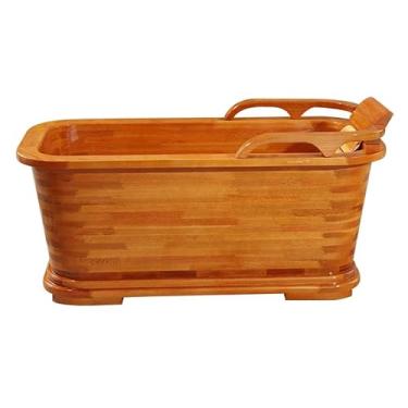 Imagem de OGOLOUG Banheira de madeira de carvalho vermelho premium – Banheira de imersão ecológica de corpo inteiro com encosto de cabeça ajustável (cor de madeira, 130 cm)
