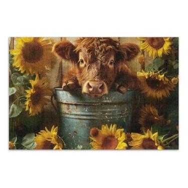 Imagem de Vaca no balde girassóis quebra-cabeça quebra-cabeça casa parede arte desafio quebra-cabeça para adultos, tamanho final 75 x 50 cm