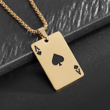 Imagem de Punk Stainless Steel Playing Cards Poker Tag Pendant Necklace Women Men Lucky Stone Ace of Spades Ace of Hearts Game Chain Necklace Hip Hop Unisex Jewelry Gift (golden black A)