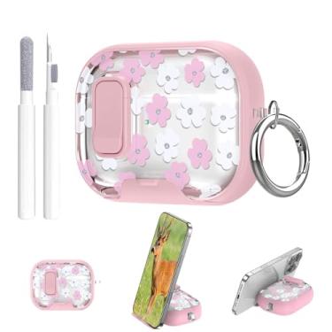 Imagem de Aircawin Capa transparente com trava segura para Airpods Pro 3, floral fofo para Airpods Pro 3ª geração, com suporte para telefone, pop-up automático, proteção híbrida com mosquetão e caneta de