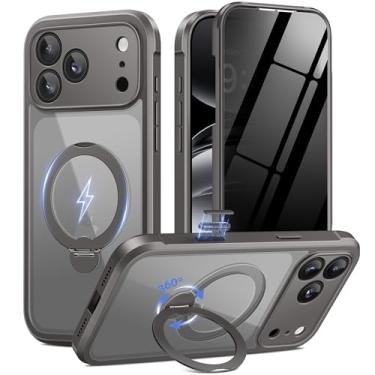 Imagem de BERFY Capa para iPhone 17 Pro, compatível com MagSafe, protetor de tela de privacidade integrado e suporte magnético giratório 360, capa de telefone transparente à prova de choque para 17 Pro de 6,3