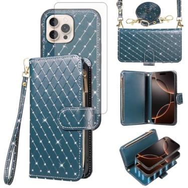Imagem de Capa carteira compatível com iPhone 16 Pro de 6,3 polegadas com zíper e protetor de tela de vidro temperado alça transversal com glitter flip porta-cartões capa para celular para celular i Phone16 i16