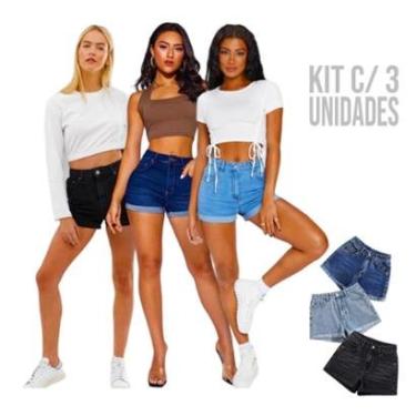 Imagem de Kit 3 Shorts JEANS LISOS Femininos Bermuda Bolsos Casual Elastano Top 427-Feminino
